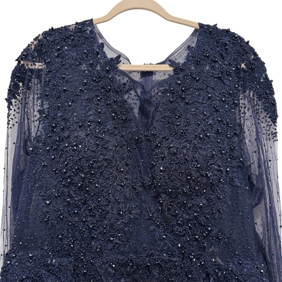 NWT $798 Mac Duggal Sheer Bodice Embroidered Illusion Maxi Dress Gown Navy Sz 16 - Picture 7 of 17